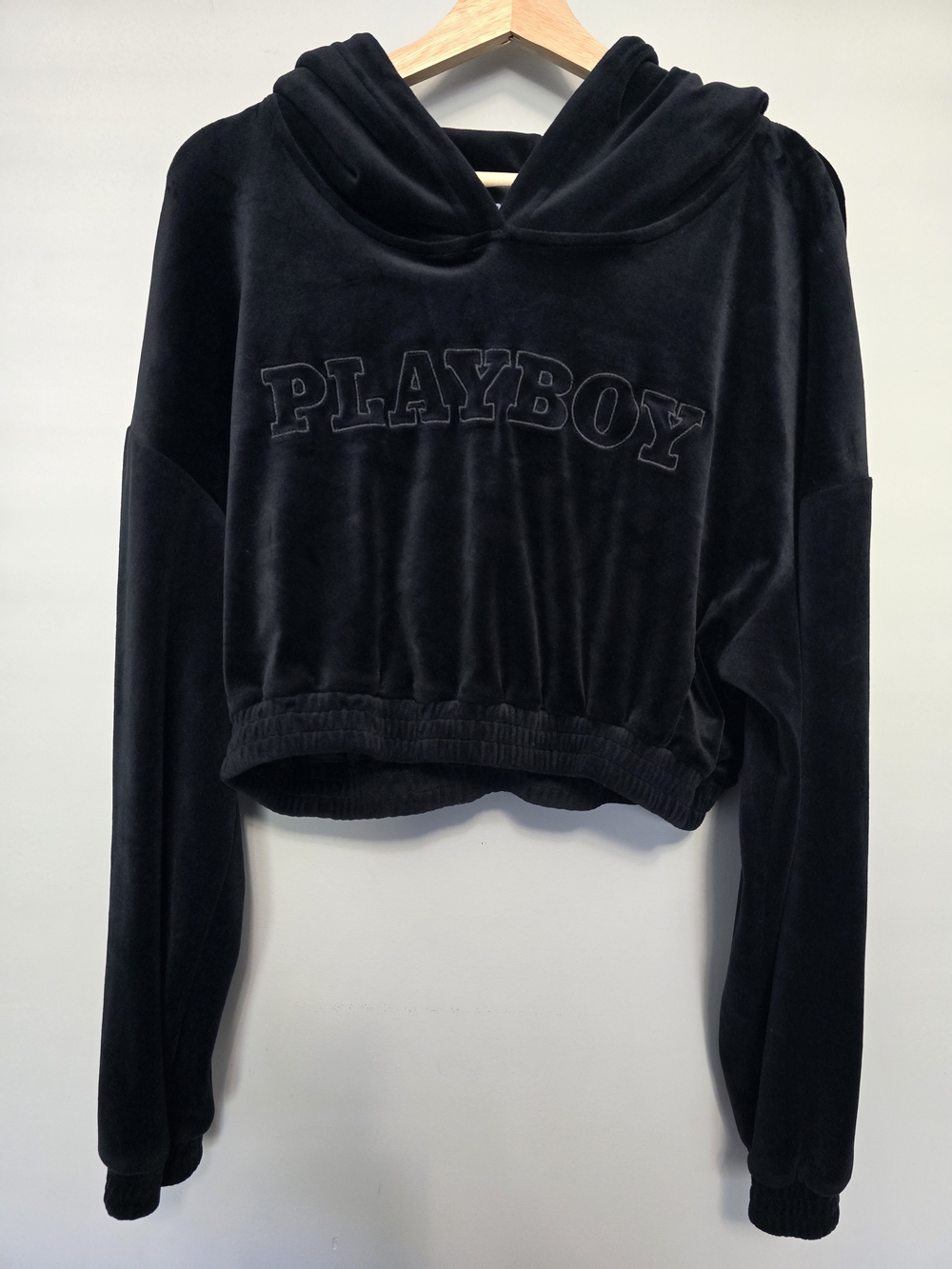 PLAYBOY Black Cropped Fleece Hoodie Sweater Size XL